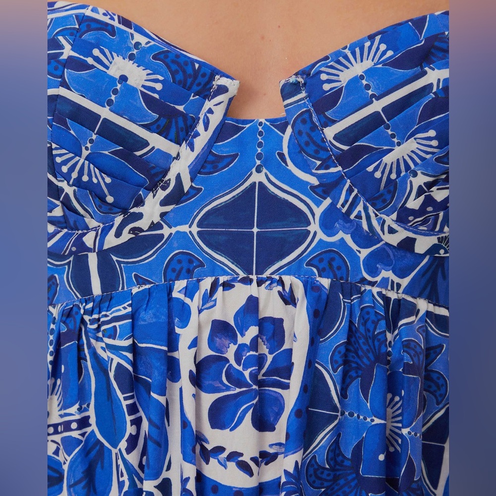 Caroline Constas Maxi Dress Blue Tile Print Size Small 100% Cotton Designer NWT - Picture 5 of 13